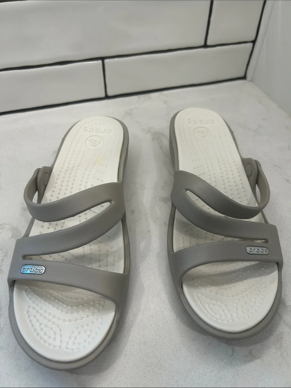 Crocs Patricia Wedge Sandals Grey / White Womens 7